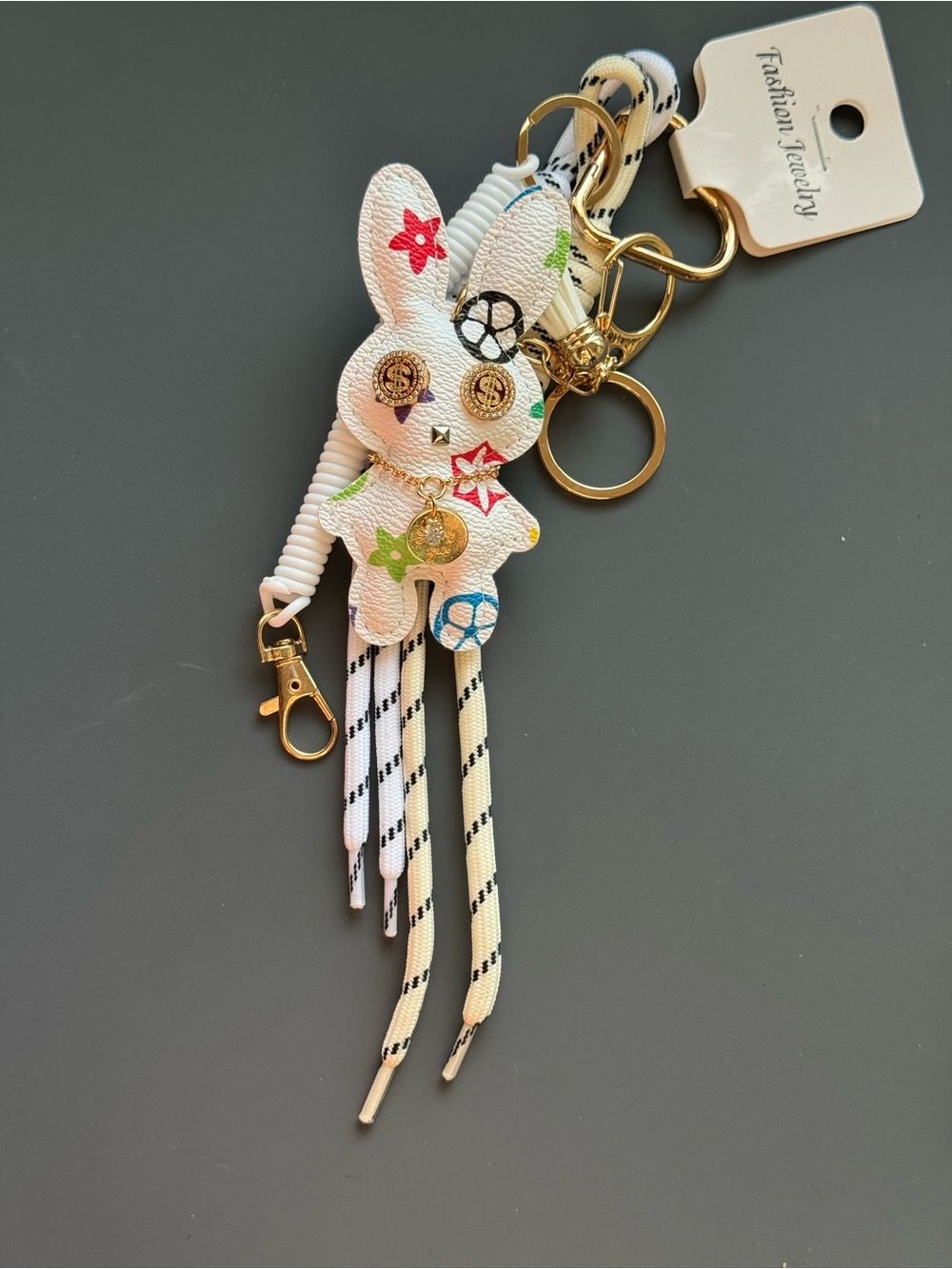 White Floral Print Bunny Keychain Bag Charm Gold Dollar Sign Accents NWT